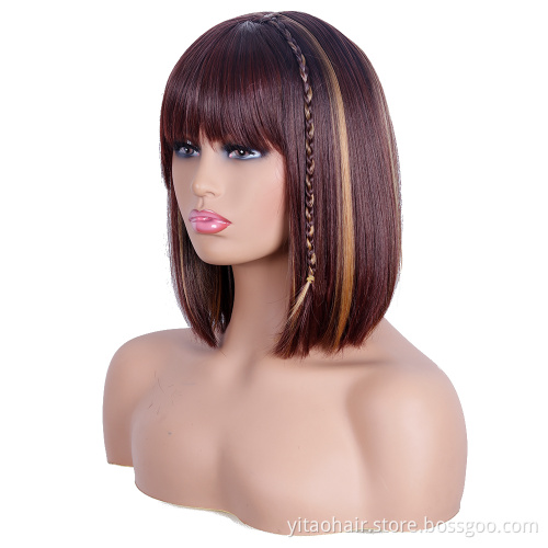 Wholesale Brown Bob Wigs for Women Highlights Blonde Straight Hair Short Bob Wig with Bangs Heat Resistant Synthetic